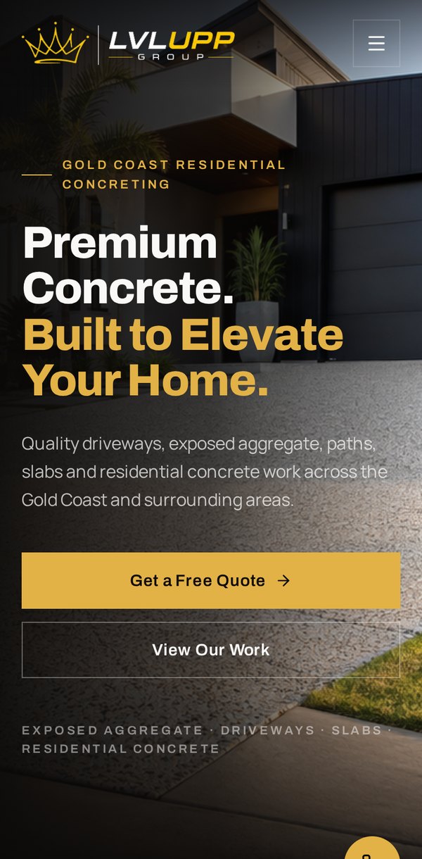 LVL UPP Group concreting website shown on a mobile phone
